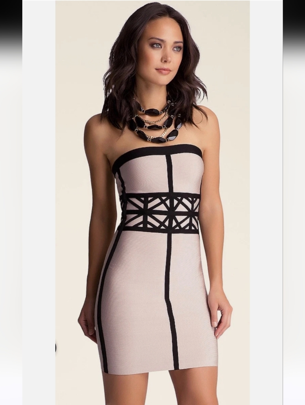 Strapless Blush Pink Bodycon Dress with Black Contrast Trim